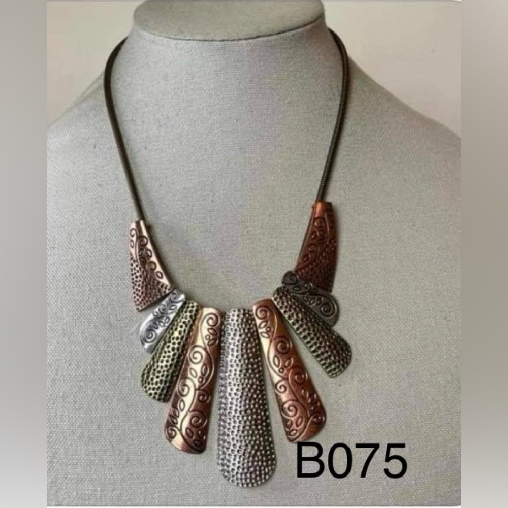 Multi tone Necklace Copper Silver Brass Bib￼ Statement Boho  18”
